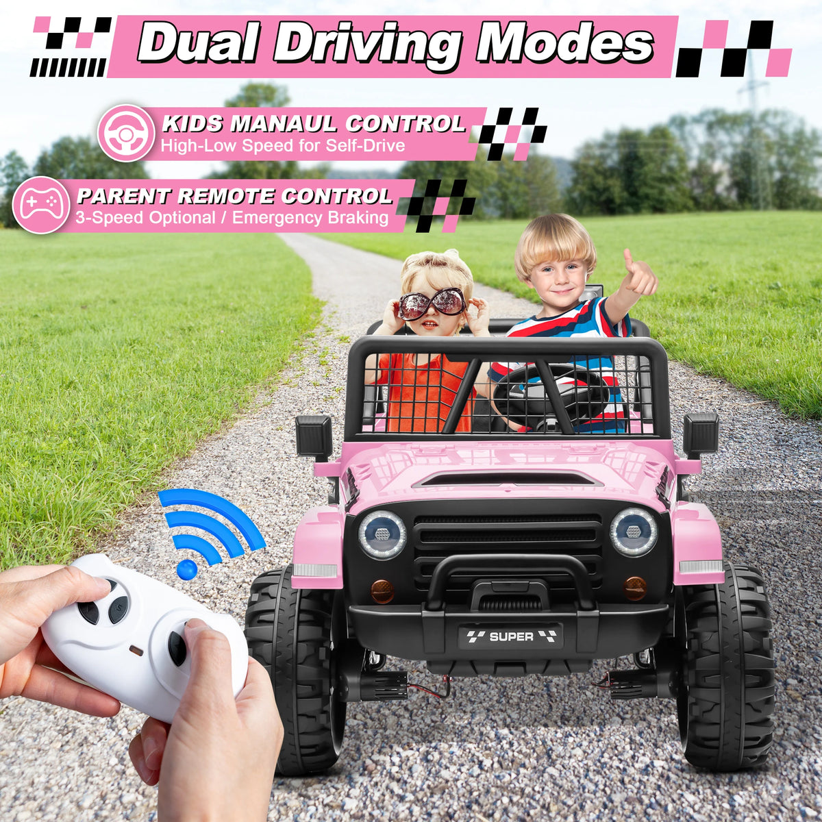 Joyracer 800W 24 Volt Ride on Toys for Big Kids, 4WD/2WD Switchable, 2 Seater Ride on Truck Car W/ Remote Control, Power Car Wheels, 3 Speeds, Spring Suspension, Bluetooth Music, Pink