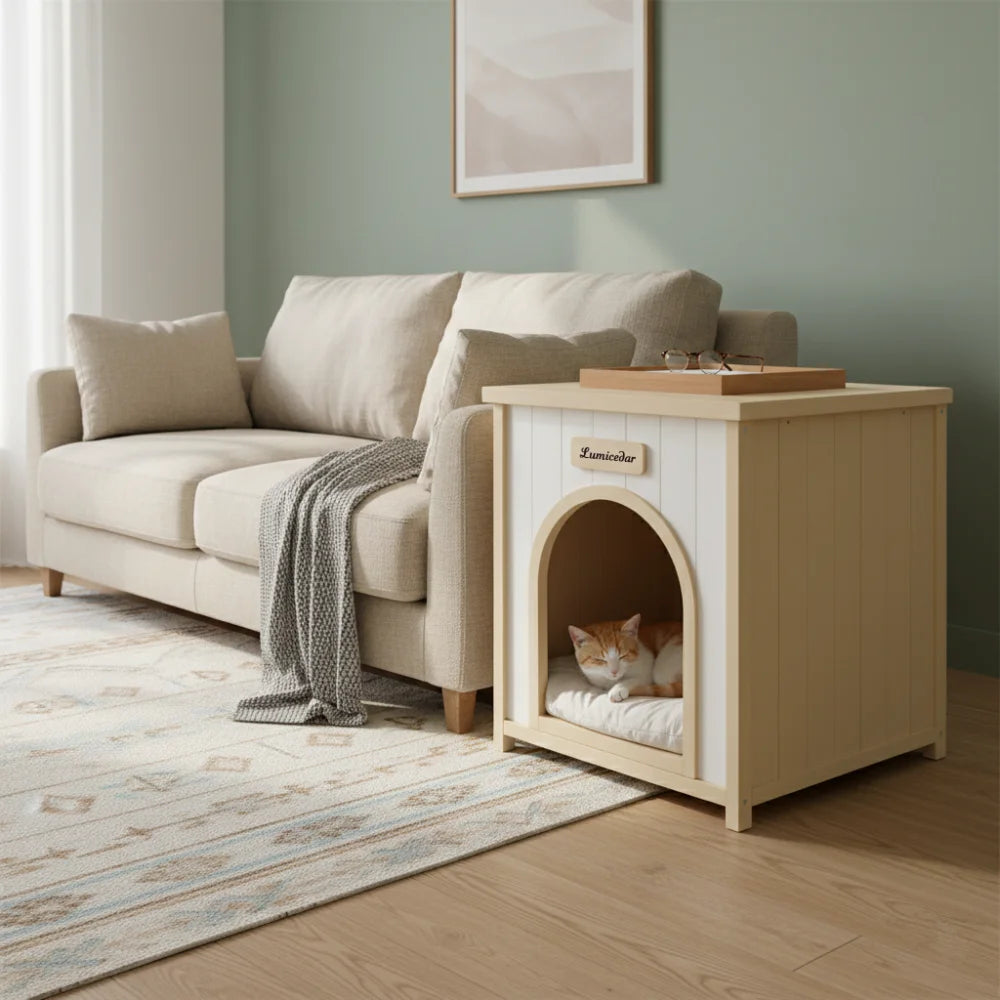 Modern Indoor Solid Cedar Wooden Dog House with Removable Cushion