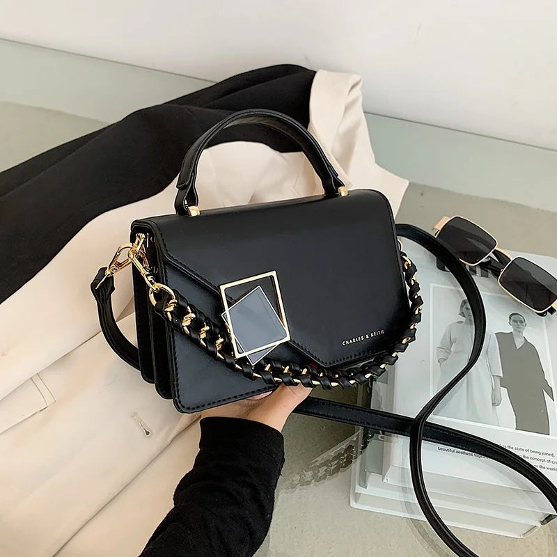 PU Leather Square Handbag With Chain Shoulder Strap Crossbody Bag