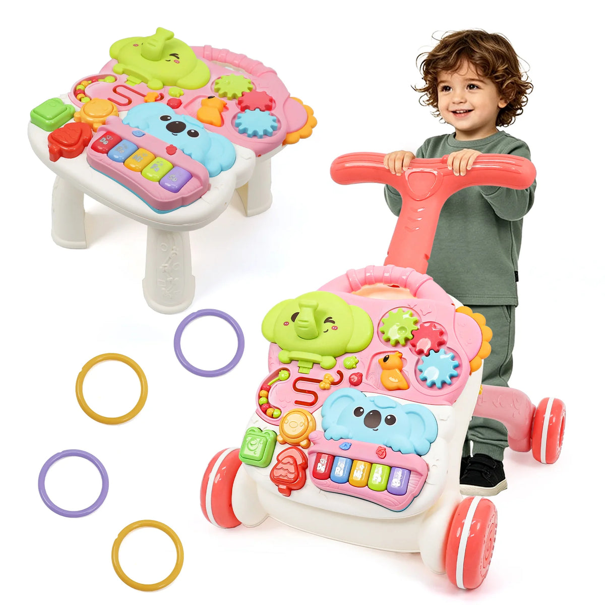 3-in-1 Multifunctional Scientific Early Learning Walking Cart, Toddler Assist Walking Interactive Push Toy with Soft Music, Adjustable Speed, Non-Slip Wheels & Educational Activity Center