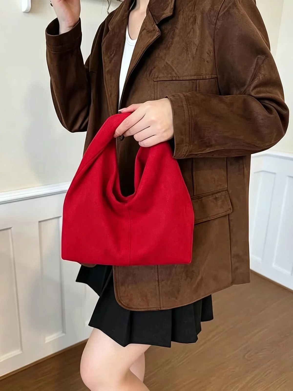 Faux Suede Twisted Handle Tote Bag For Women Casual Wear