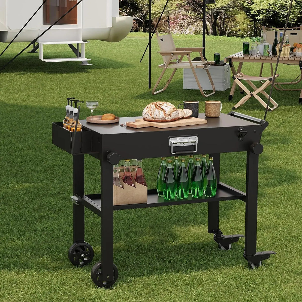 Tacleekii Folding Grill Cart with Stainless Steel Worktop and Wheels