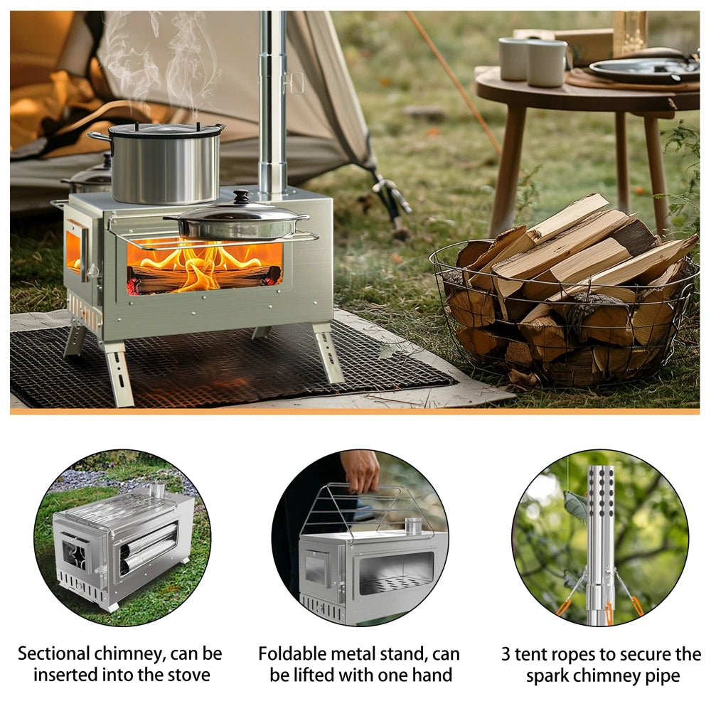 Stainless Steel Portable Wood Burning Camping Stove With Chimney Pipes
