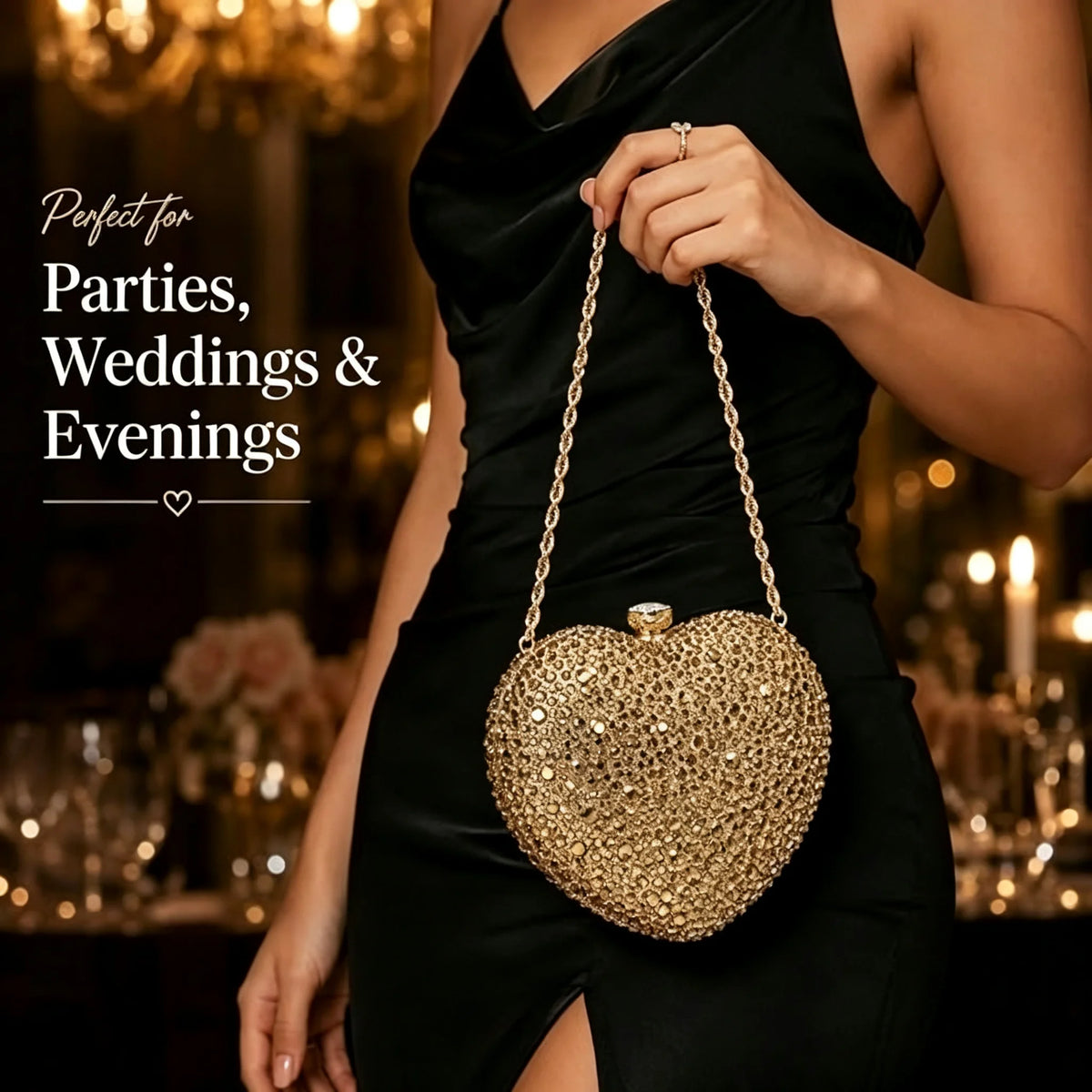 Rhinestone Heart Evening Clutch Bag With Chain Strap