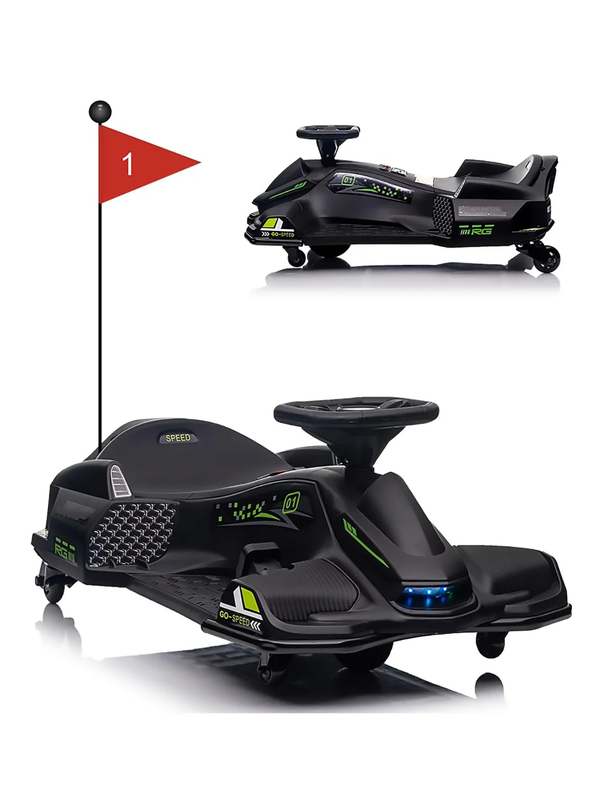 24V Kids Electric Drift Go Kart Ride-On - 180W Brushless Motor, 7Ah Battery, High/Low Adjustable Speed, 5 Wheels, LED Lights, Music, Low Battery Alarm