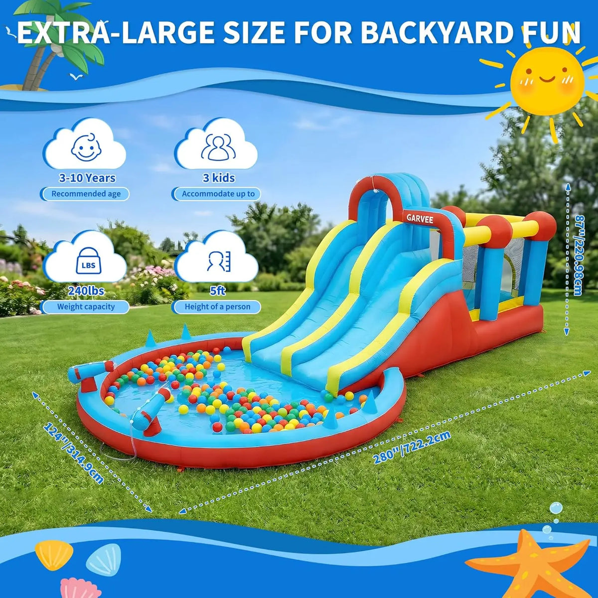 All-Season 8-in-1 Inflatable Water Park – Double Slides, Large Pool, Climbing Walls, 550W Blower Durable Oxford Material For Kids Indoor/Outdoor Bouncy Castle Playset