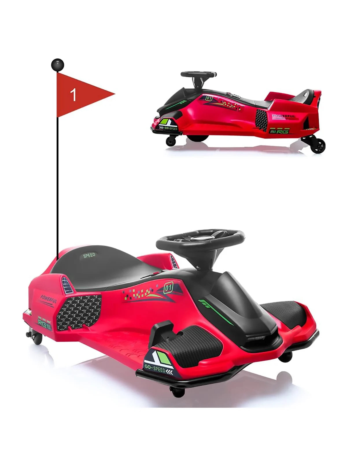 24V Kids Electric Drift Go Kart Ride-On - 180W Brushless Motor, 7Ah Battery, High/Low Adjustable Speed, 5 Wheels, LED Lights, Music, Low Battery Alarm