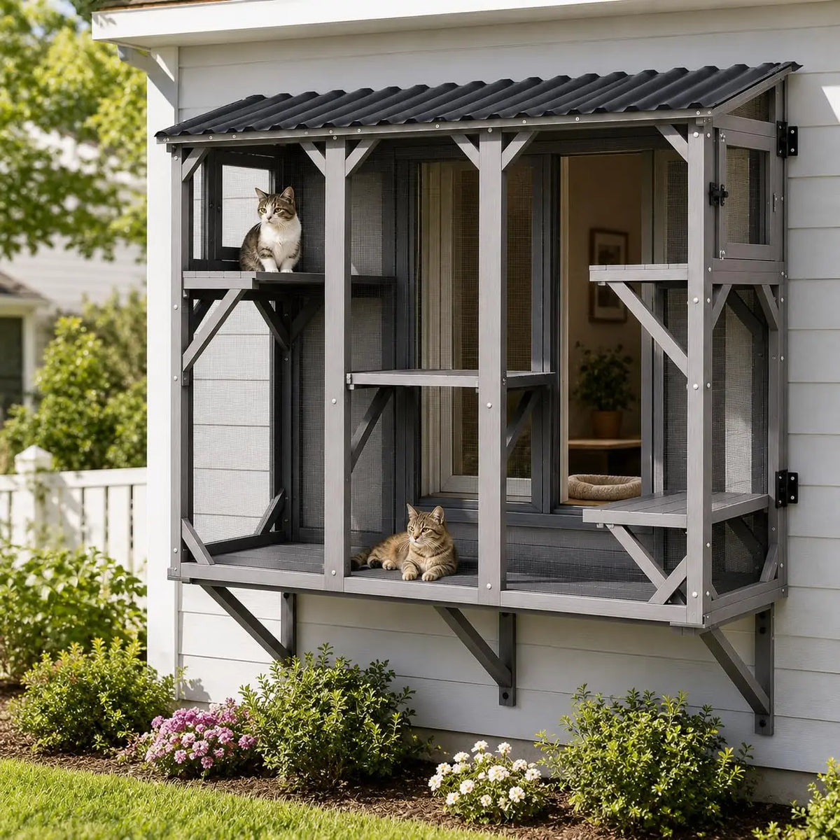HiMISS Wooden Window Cat Enclosure With Durable Steel Mesh Roof