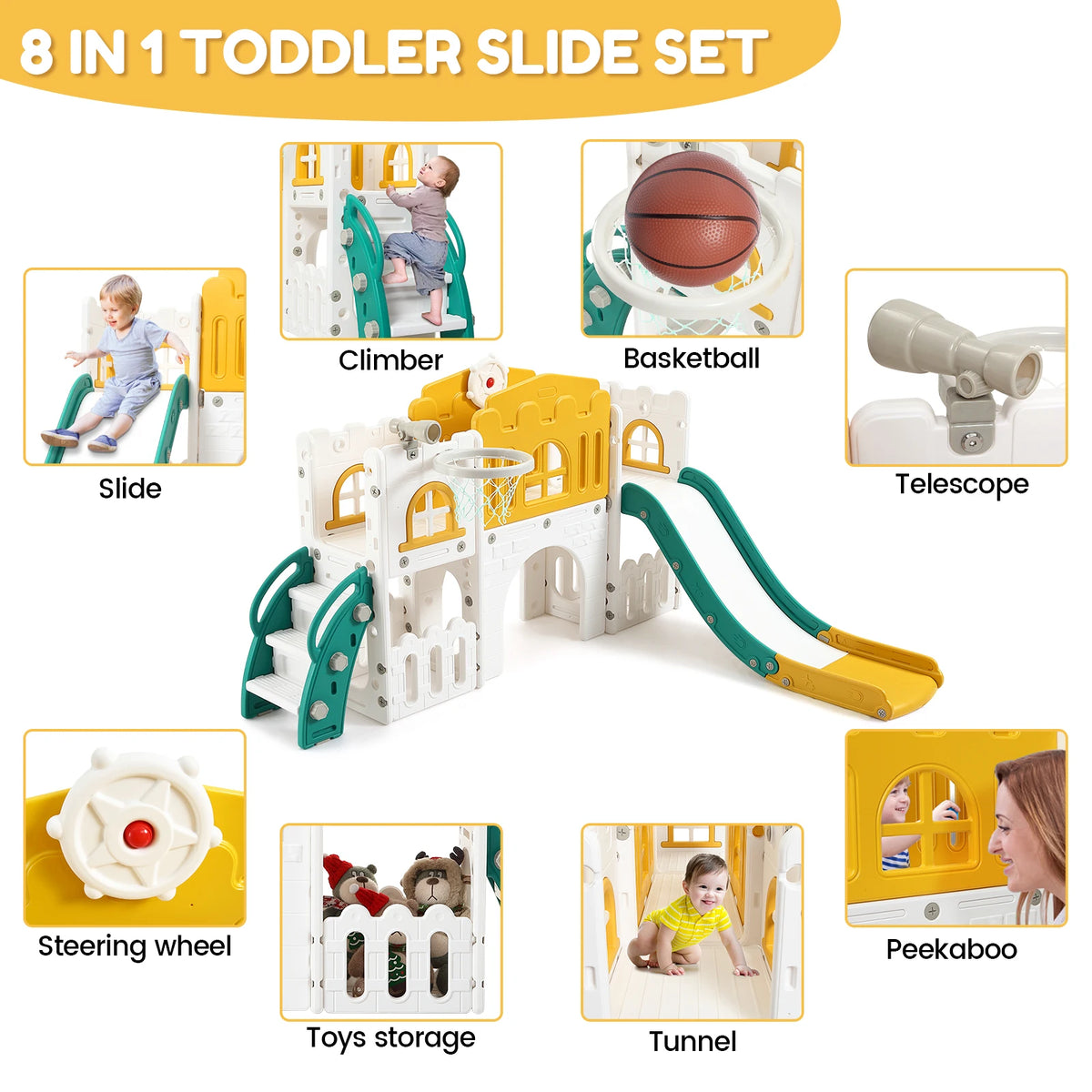 8 In 1 Toddler Slide Indoor Playground, Indoor Slide Toddler Playset For Toddlers 1-3, Kids Outdoor Playground With Slide