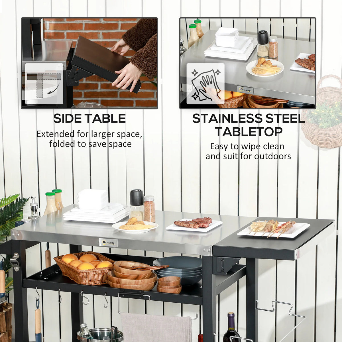 Outsunny Stainless Steel Outdoor Grill Cart With Three Utility Shelves