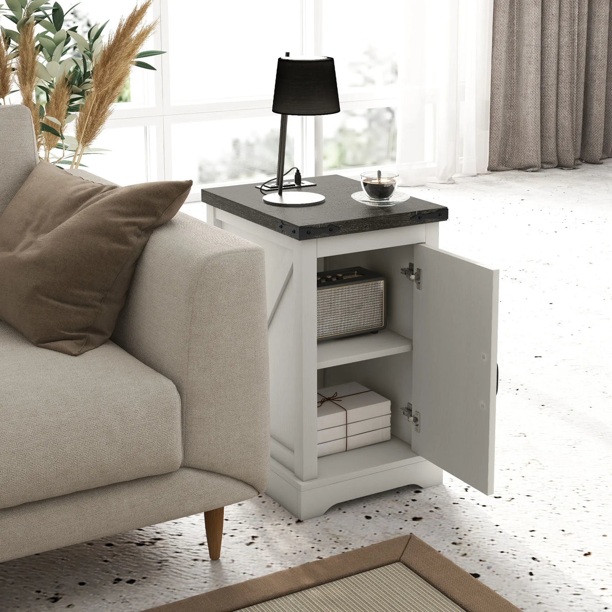 HOMCOM Farmhouse End Table With Charging Station and USB Ports
