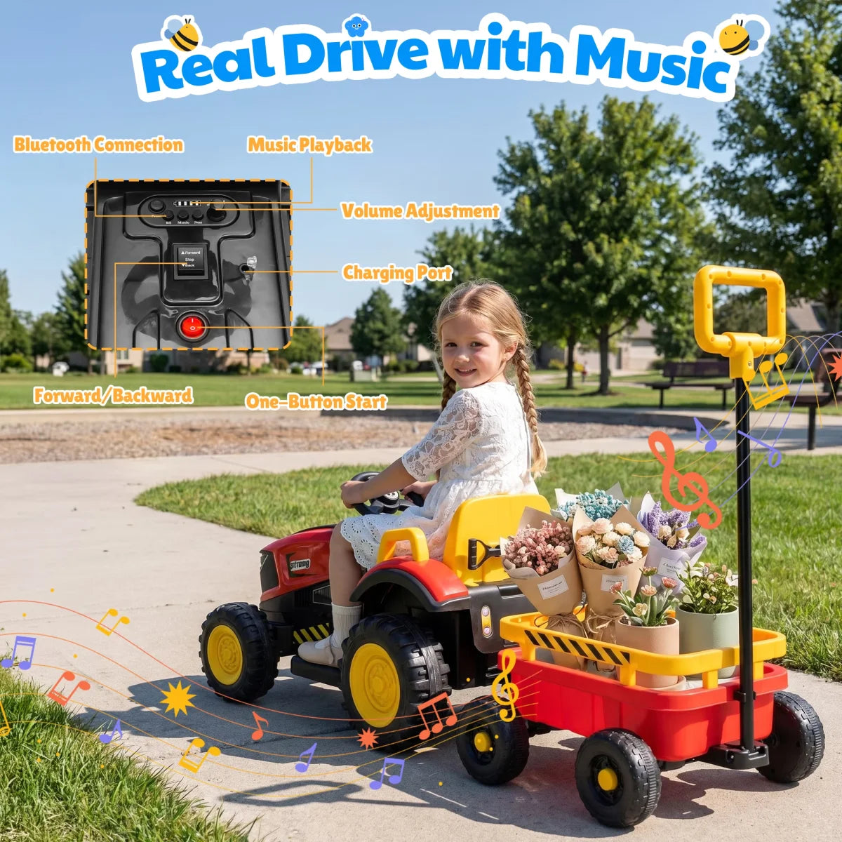 12V Kids Electric Ride On Tractor With Removable Trailer, Remote Control & Manual Drive 2 Modes, Bluetooth Music LED Light, Children Farm Ride‑on Car Toy Holiday Gift for Kids Boys Girls