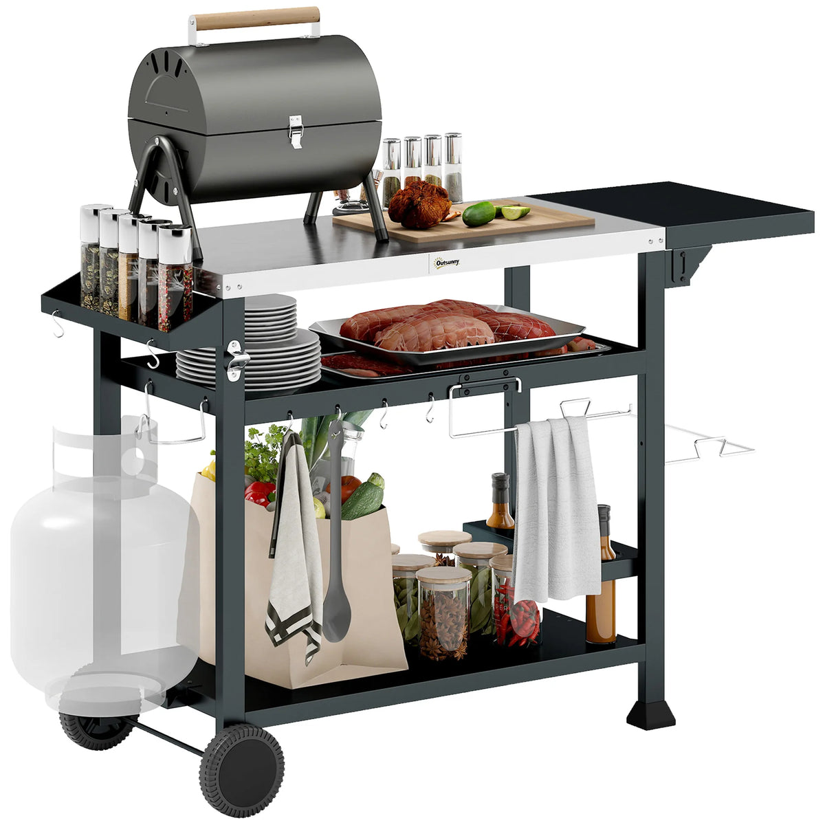Outsunny Stainless Steel Outdoor Grill Cart With Three Utility Shelves