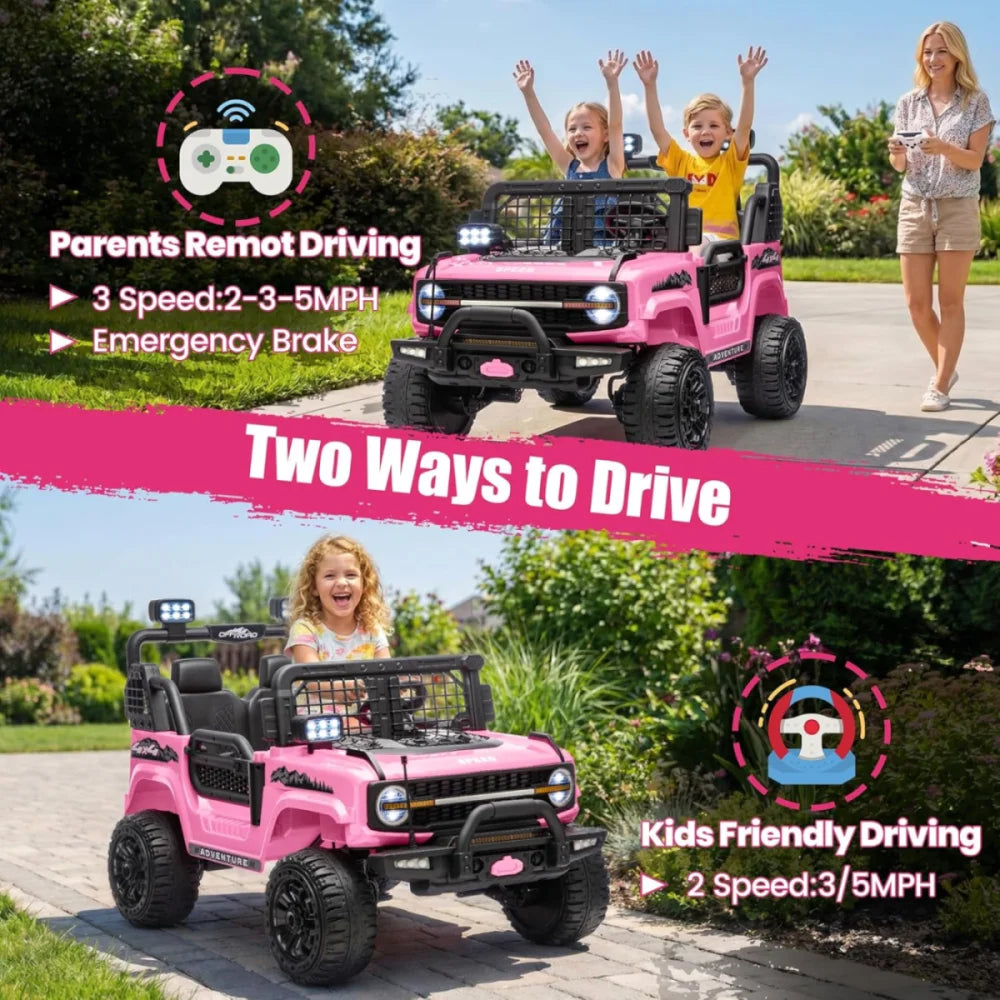 24V 2 Seater Kids Ride On Truck Off-Road Electric Vehicle with Parent Remote Control, 2-5MPH Ride On Car with Bluetooth Music LED Lights Shock Absorbers, Max Load 110Lbs Kids Toy Gift for Girls Boys