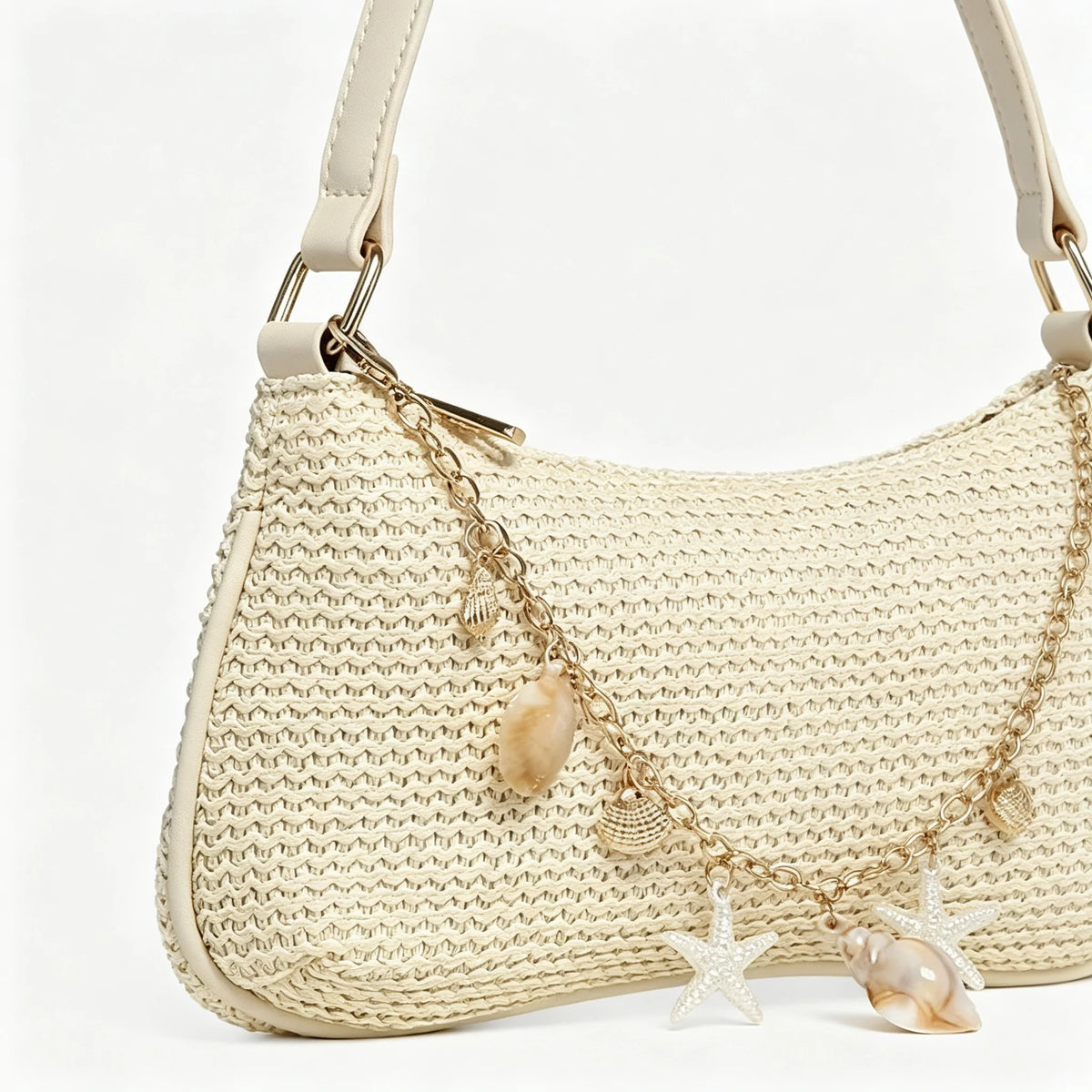Women Woven Linen Shoulder Bag With Pearl Pendant Clasp