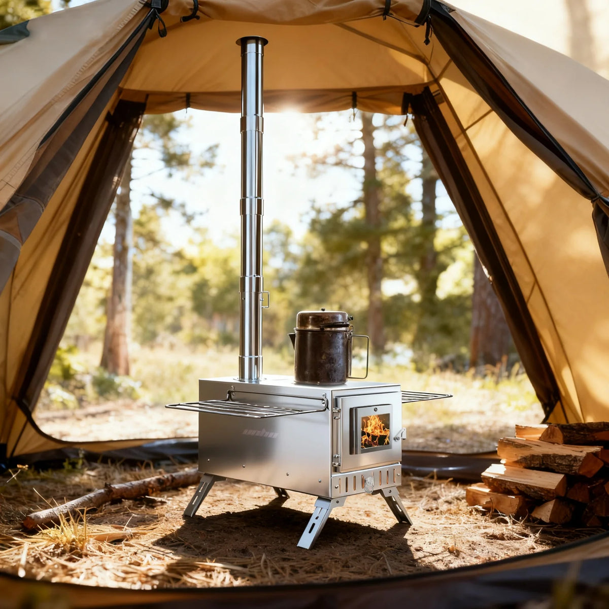 Portable Stainless Steel Stove with 7 Chimney Pipes for Camping