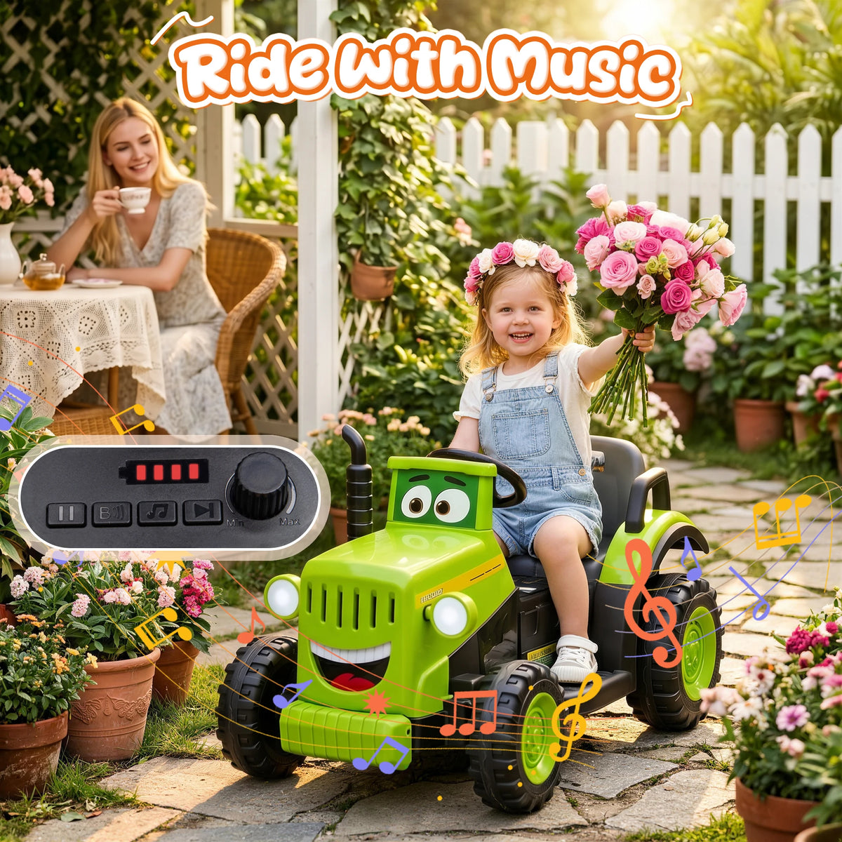 12 Volt Ride on Toys, Cute Ride On Tractor for Toddlers, Power Car Wheels with LED Lights, Music, Horn, Safety Belt