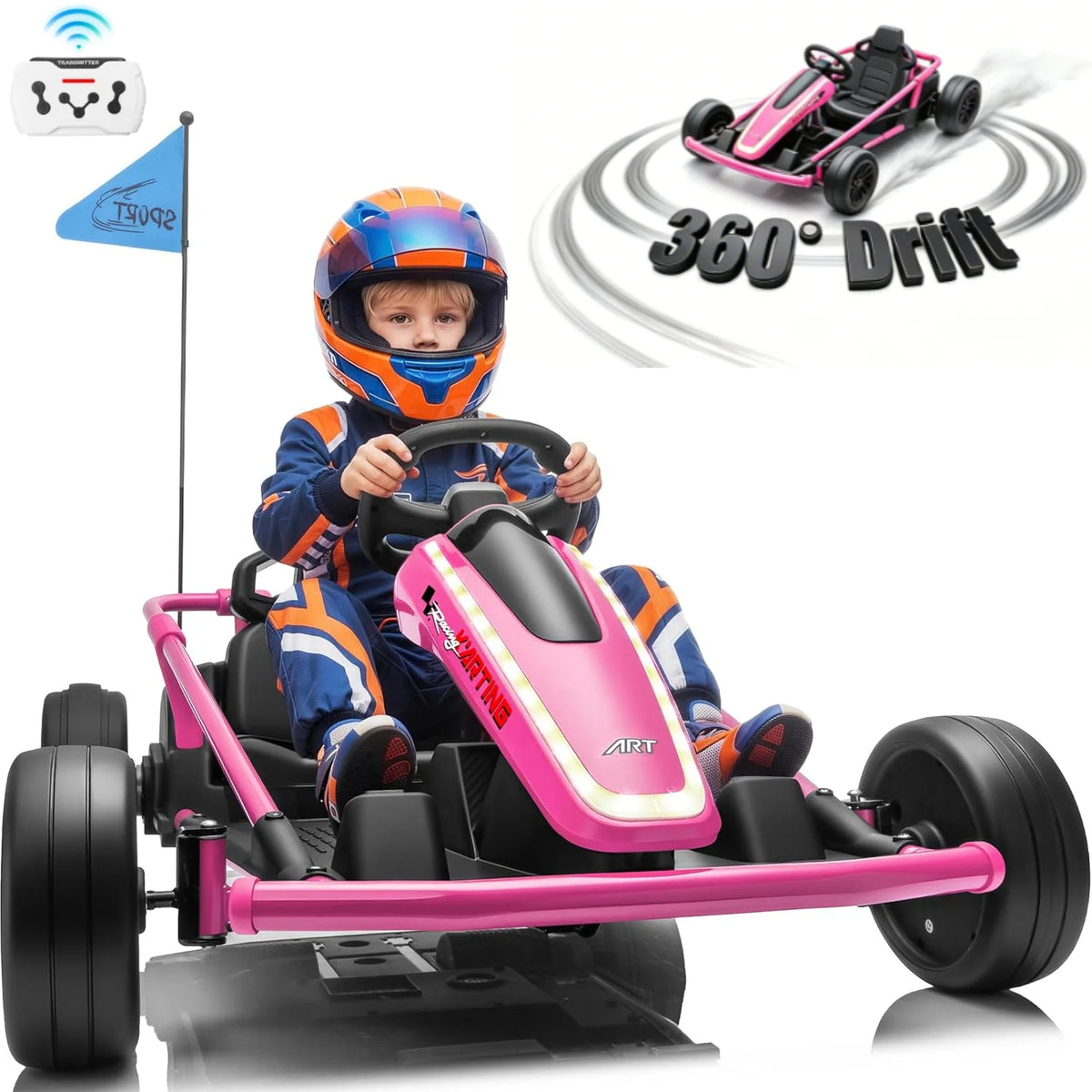 24V Kids Electric Go Kart Dual Motor Ride On Car with Remote Control, 5-10MPH 3 Speed Drift Kart for Kids, Bluetooth Music LED Lights, Max Load 135Lbs Outdoor Ride On Toy Vehicle Gift