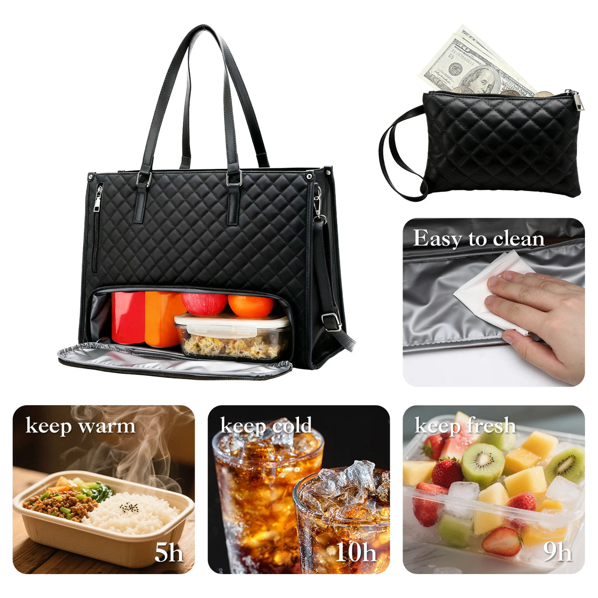 Women's Quilted Waterproof Laptop Tote With Insulated Lunch Compartment