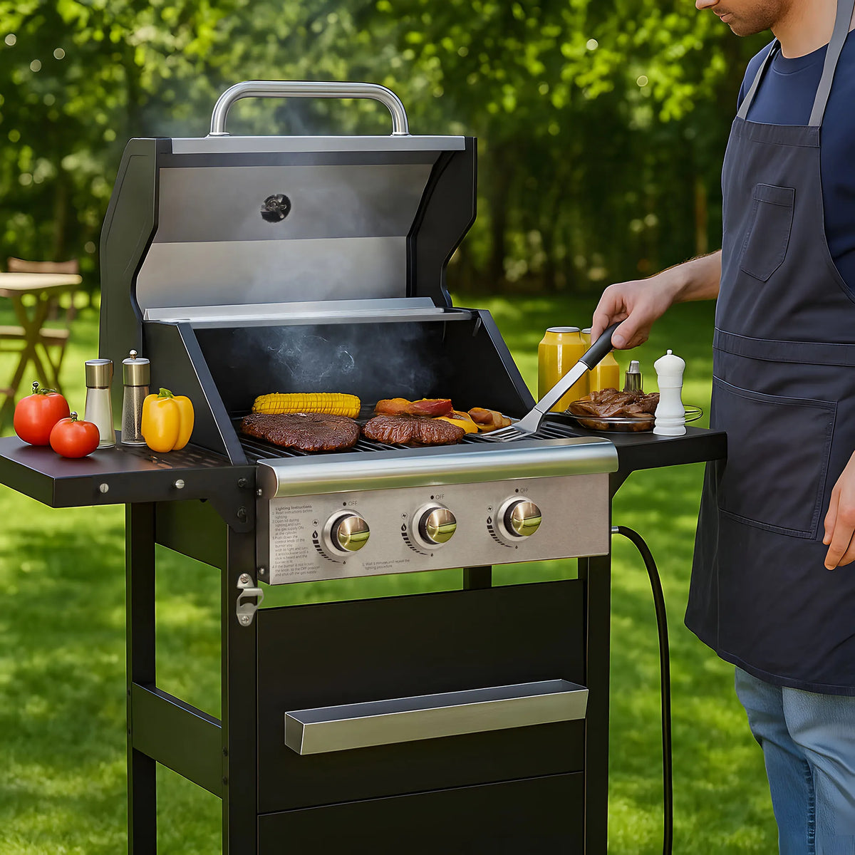 Stainless Steel Propane Grill 3 Burner Outdoor Gas Barbecue Grill with Cover for BBQ