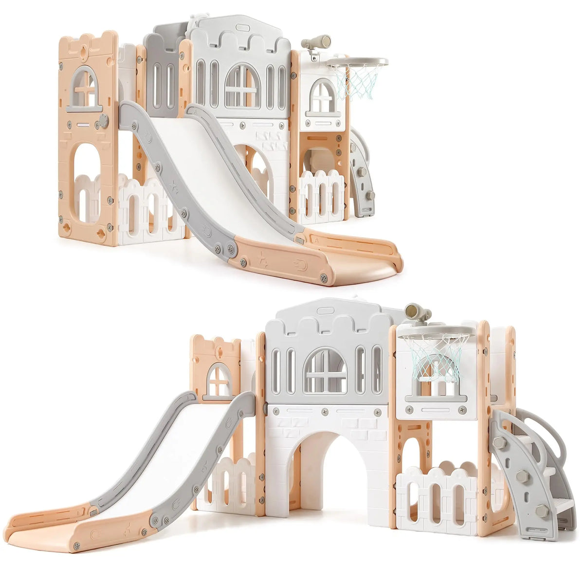 8 In 1 Toddler Slide Indoor Outdoor Playset Kids Climber Crawl Tunnel Basketball Hoop Telescope Steering Wheel Toy Storage Ages 1-3