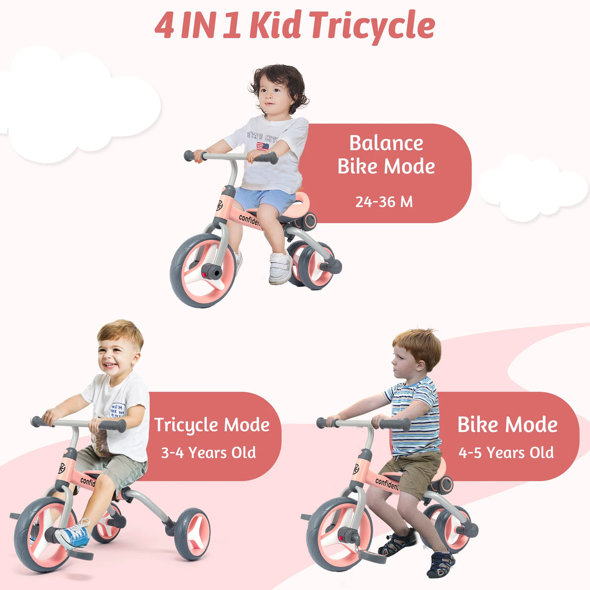 4 in 1 Toddler Tricycle & Balance Bike, Kids Ride On Toy with Detachable Pedals, Adjustable Seat, Indoor Outdoor Baby Trike for Boys Girls 1-4 Years Old, Birthday Gift