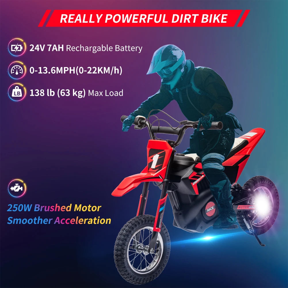 24V 7Ah Kids Ride on Motorcycle,13.6MPH Fast Speed Electric Battery-Powered Off-Road Motocross with 250W Strong Motor,Disc Brake