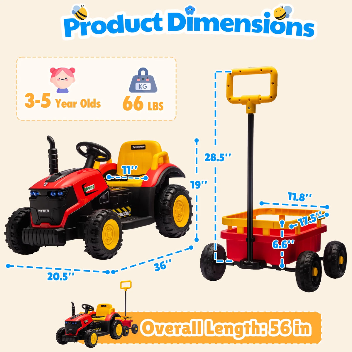12V Kids Electric Ride On Tractor With Removable Trailer, Remote Control & Manual Drive 2 Modes, Bluetooth Music LED Light, Children Farm Ride‑on Car Toy Holiday Gift for Kids Boys Girls