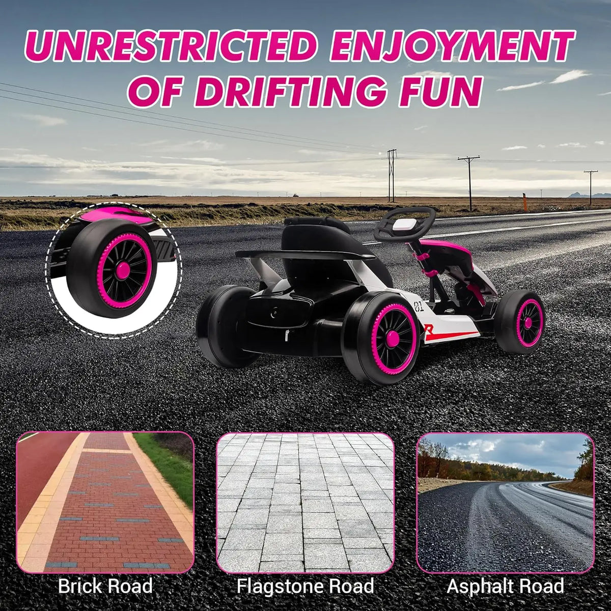 24V Electric Gokart For Children 6-12 Years, Drift Kart With Adjustable Seat, 2 x 200W Motors, 7Ah Battery, Up to 13 Km/h, Up to 45 kg, LED, USB And FM Radio, Seat Belt