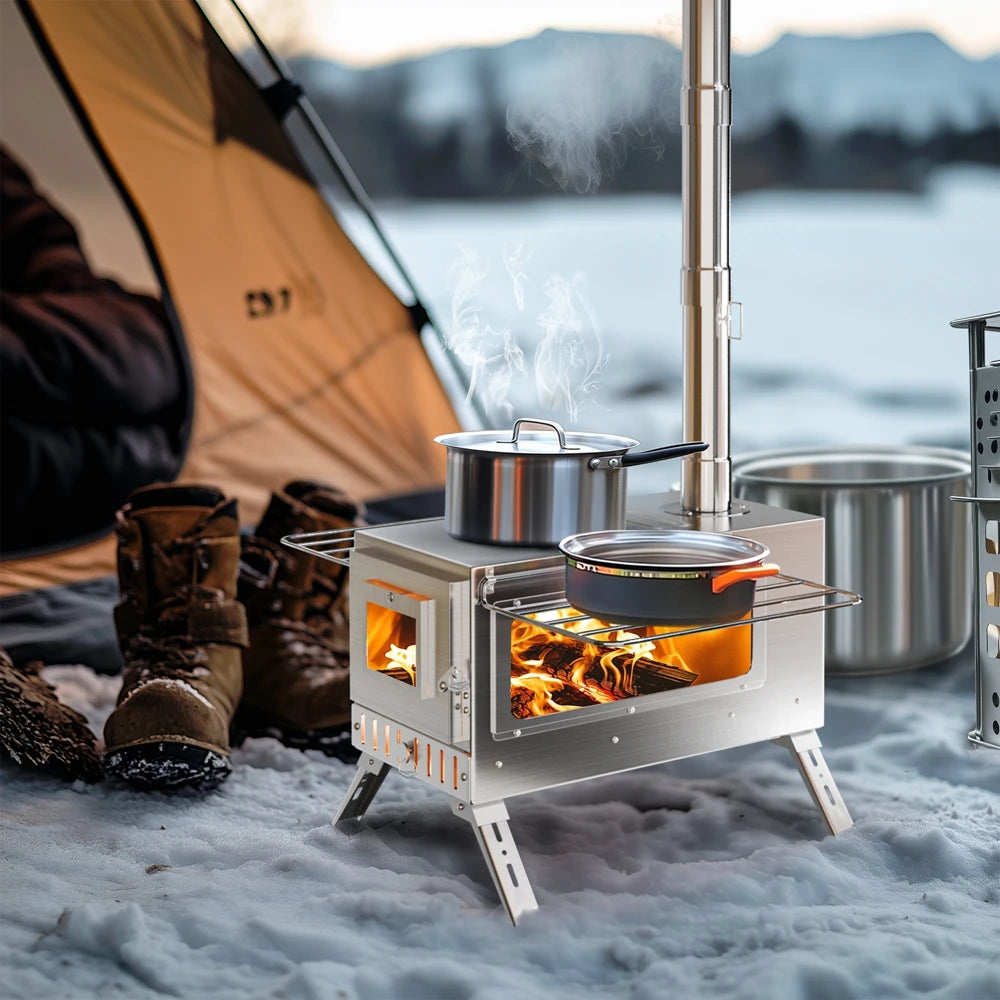 Stainless Steel Portable Wood Burning Camping Stove With Chimney Pipes