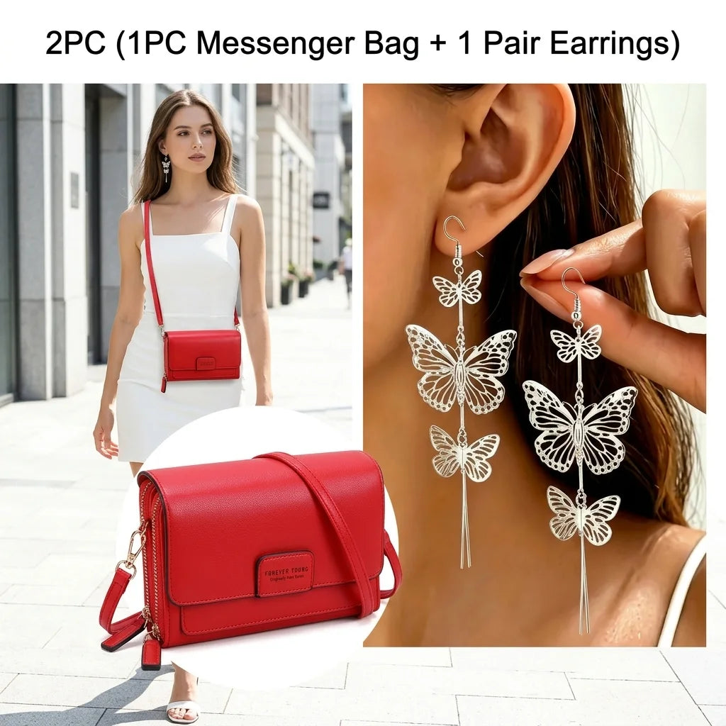 Elegant Women Crossbody Bag With Butterfly Drop Earrings