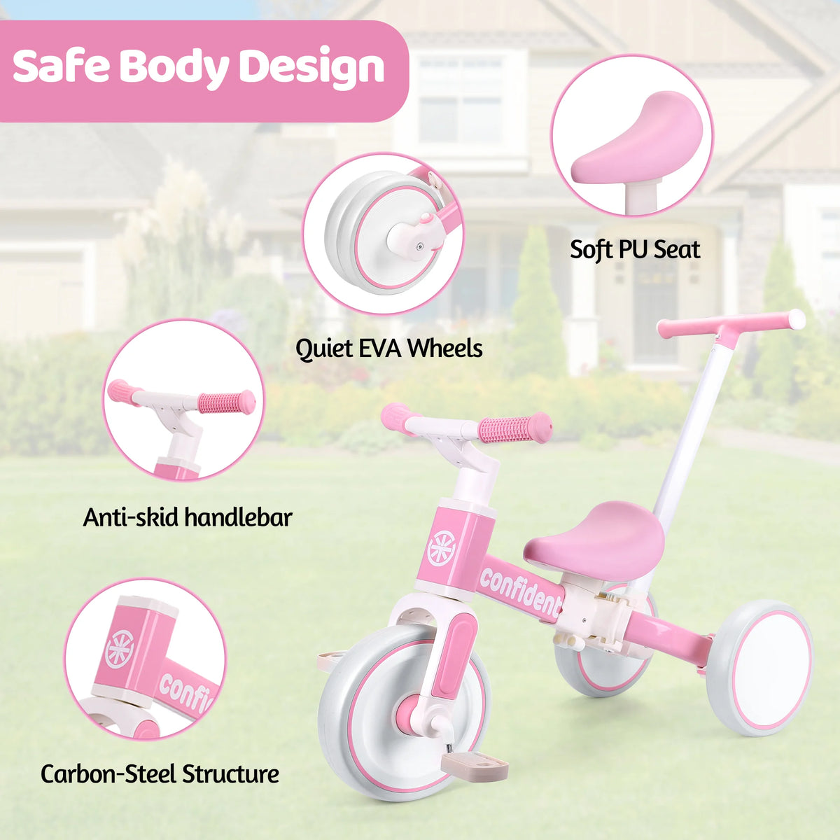 3 in 1 Toddler Tricycle with Push Handle, Pink Kids Balance Bike, Quiet EVA Wheels Carbon Steel Frame, Adjustable Seat Anti-slip Handlebar, Ride On Toy for Girls 1-4 Years Old