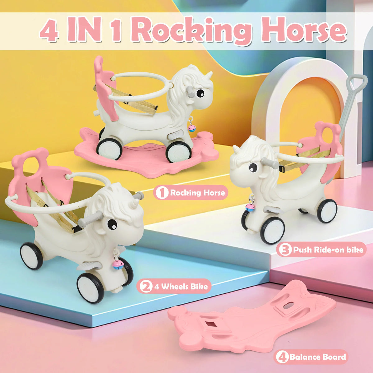 2 in 1 Toddler Rocking Horse, Unicorn Kids Ride On Toy with Safety Guardrail, Seat Belt & Wheels, Indoor Outdoor Play Gift for Boys Girls Ages 1-3