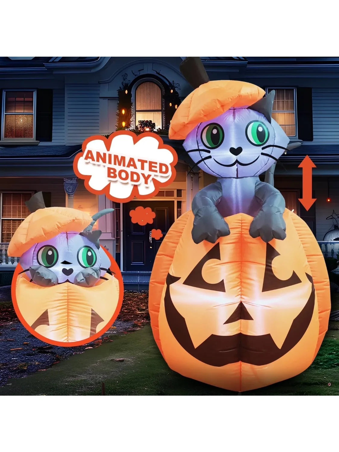 5 FT Tall Animated Kitty Cat Halloween Inflatable On Pumpkin Outdoor Decoration for Halloween Blow Up Yard Lawn Inflatables Gift