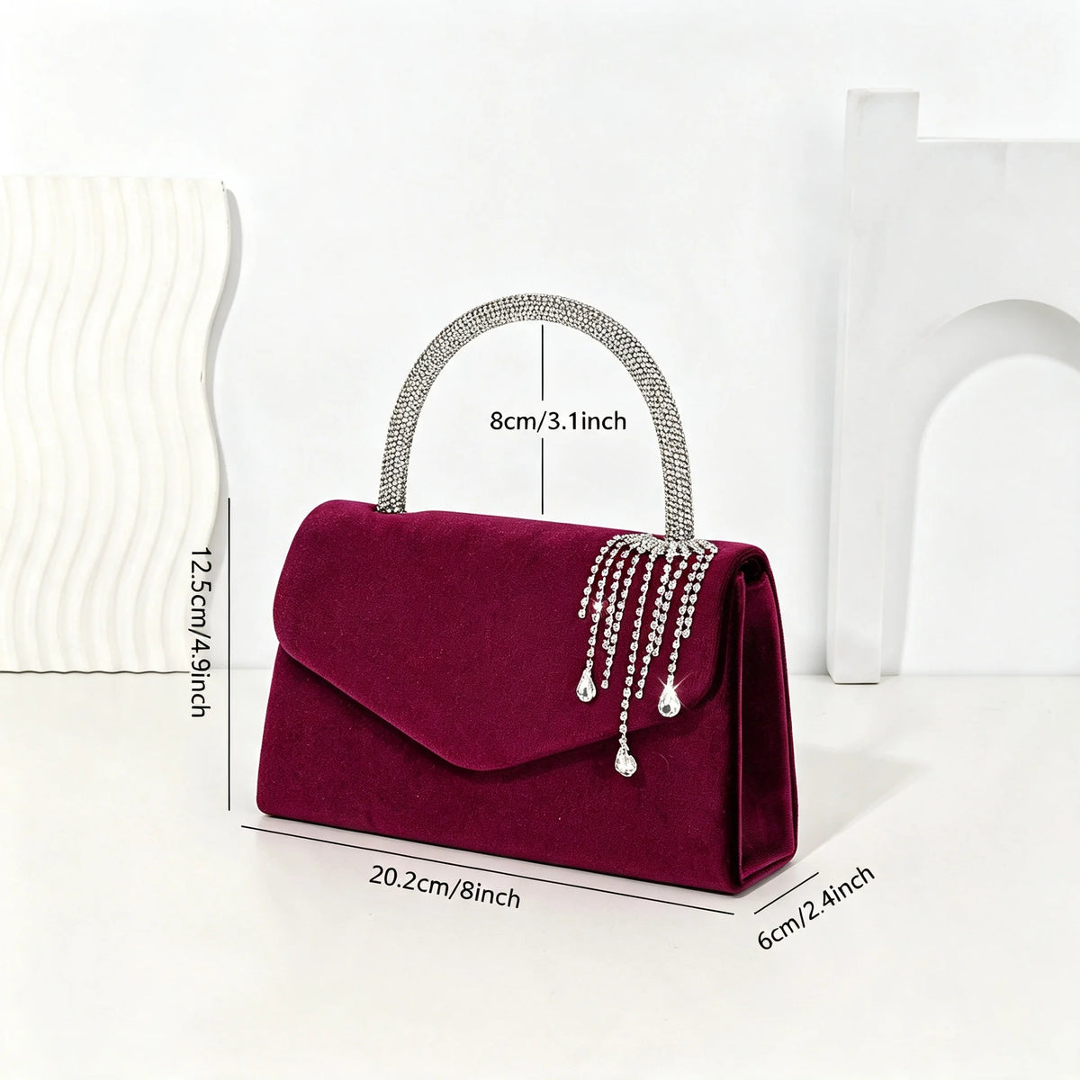 Velvet Envelope Clutch With Rhinestone Tassel And Crossbody Chain