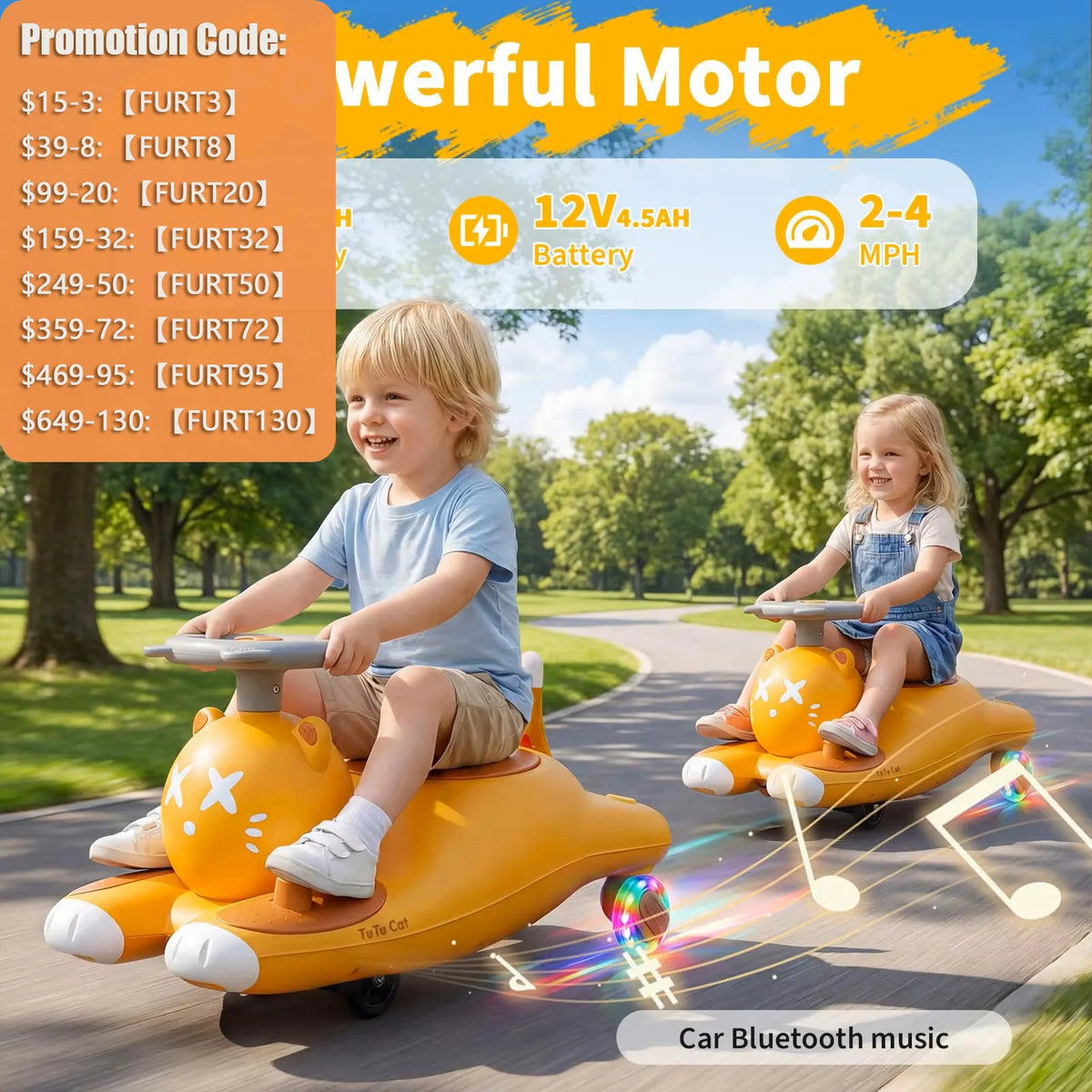 2-in-1 6V/12V Electric Wiggle Ride-On Car for Kids - Pedal Swing Car, 2 Speeds, 360° Steering, LED Flashing Wheels, wireless Music, Anti-Tip, Ages 3-6 - Mustard Yellow