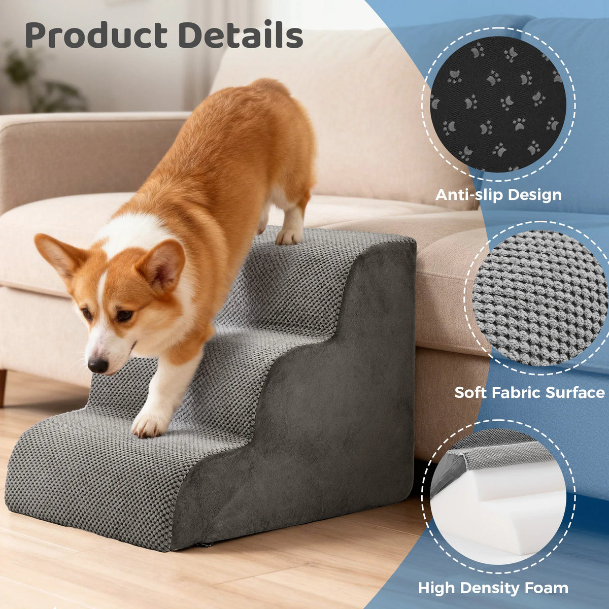 High Density Foam Dog Stairs With Curved Non Slip Design