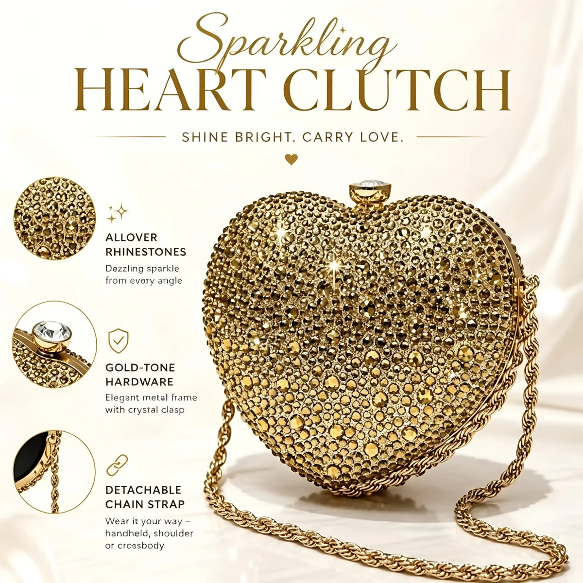 Rhinestone Heart Evening Clutch Bag With Chain Strap