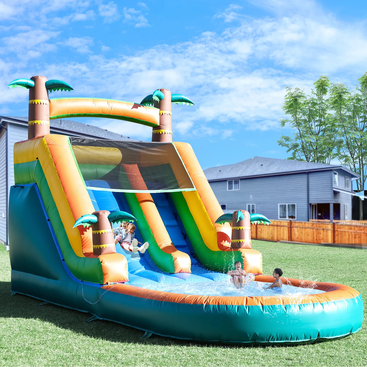 21FT Tropical Water Slide Bounce House Commercial Inflatable Playground 750W Blower for Children's Entertainment