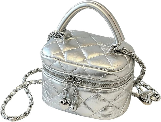 Quilted Metallic Crossbody Bag With Heart Charm Pendant