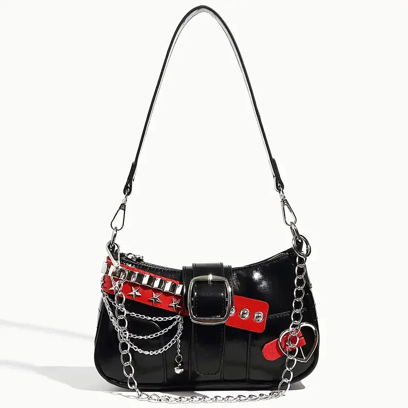 Punk Chain Rivet Underarm Shoulder Crossbody Handbag for Women
