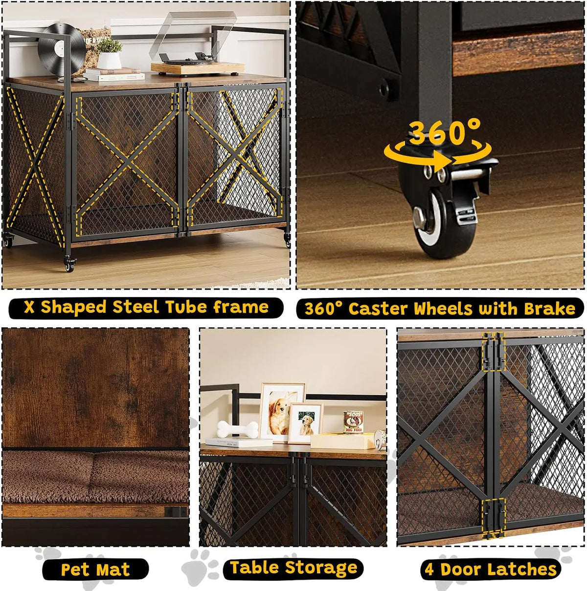 Garvee Heavy Duty Metal Wooden Dog Crate With Double Doors