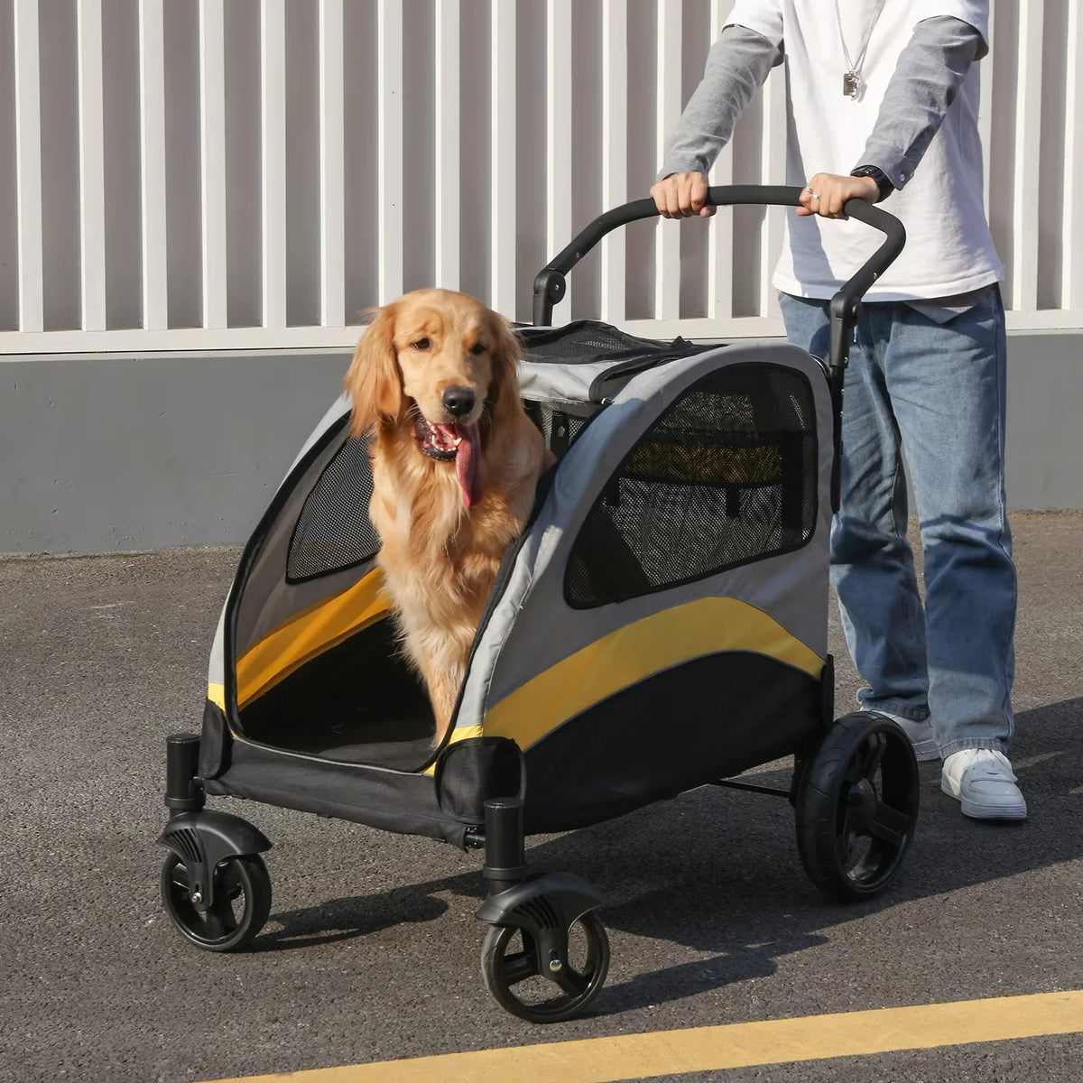 Four Wheeled Foldable Pet Stroller With Breathable Mesh Panels
