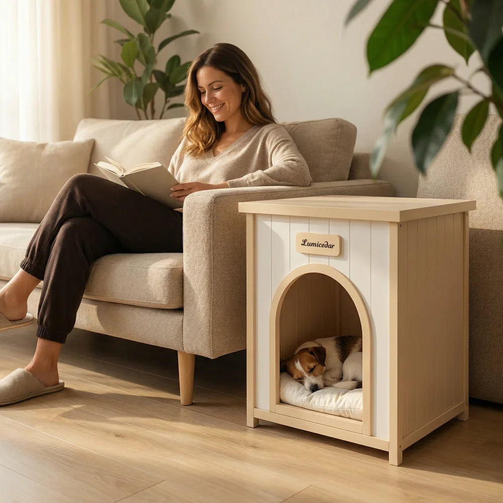 Modern Indoor Solid Cedar Wooden Dog House with Removable Cushion