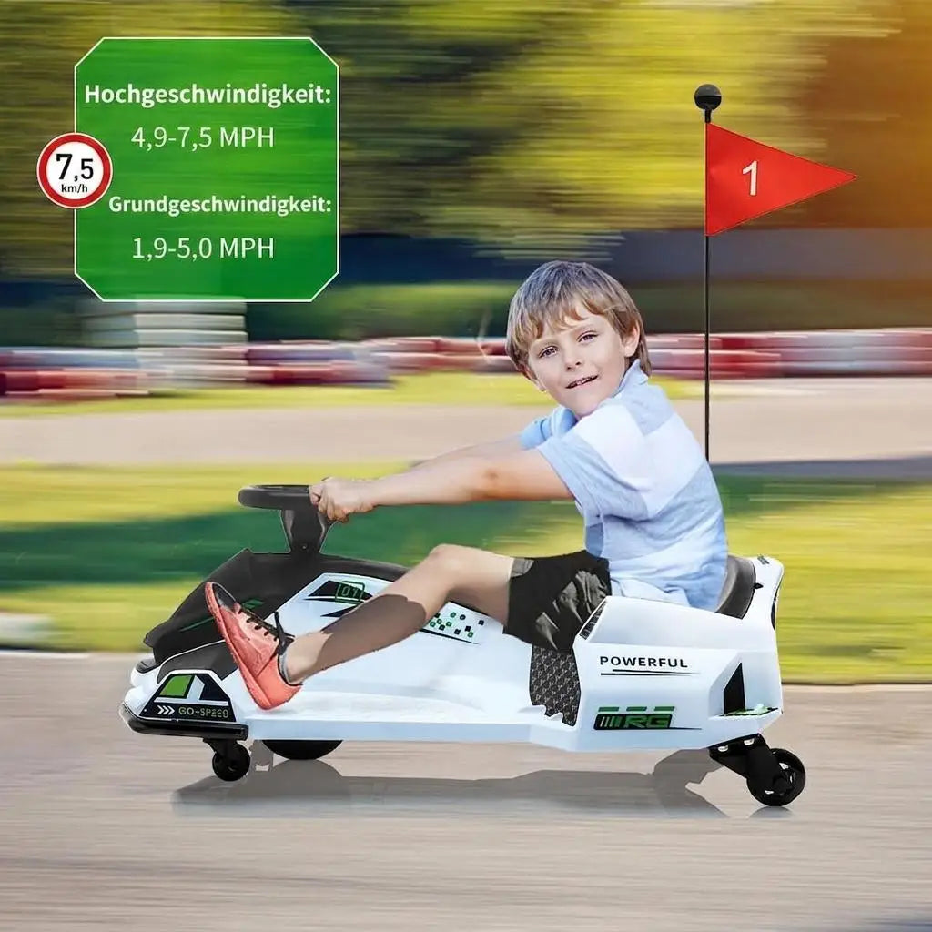 24V Kids Electric Drift Go Kart Ride-On - 180W Brushless Motor, 7Ah Battery, High/Low Adjustable Speed, 5 Wheels, LED Lights, Music, Low Battery Alarm