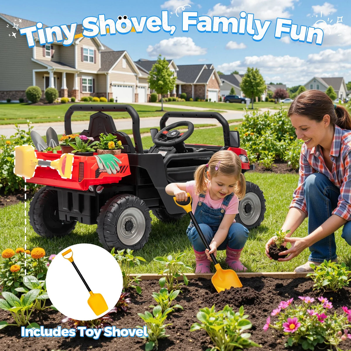24V Ride On Dump Truck,  Ride On Toys W/Remote Control, 3 Speeds, Electric Dump Bed & Shovel, Shock Absorbers, Led Lights, Bluetooth & Gift Bow, Electric Car for Kids