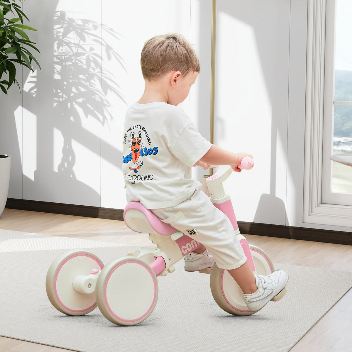 3 in 1 Toddler Tricycle with Push Handle, Pink Kids Balance Bike, Quiet EVA Wheels Carbon Steel Frame, Adjustable Seat Anti-slip Handlebar, Ride On Toy for Girls 1-4 Years Old