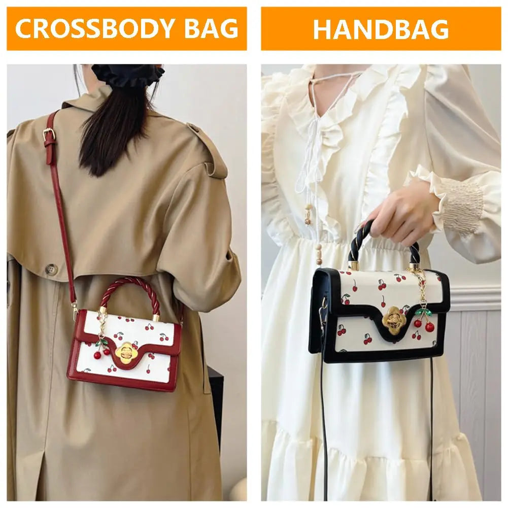 Women Cherry Print Crossbody Bag With Twist Handle Lock